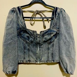 Venus Womens Denim Top Shirt 10 Blue Cropped Balloon Sleeve Front Zip Stone Wash